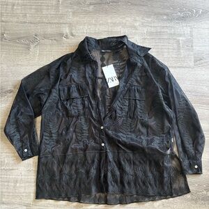 NWT | Zara Oversized Black Sheer Leaf Pattern Button Down